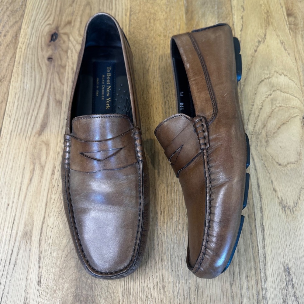 To Boot New York Adam Derrick Men 9.5 Tan Brown Leather Penny Loafers Italy